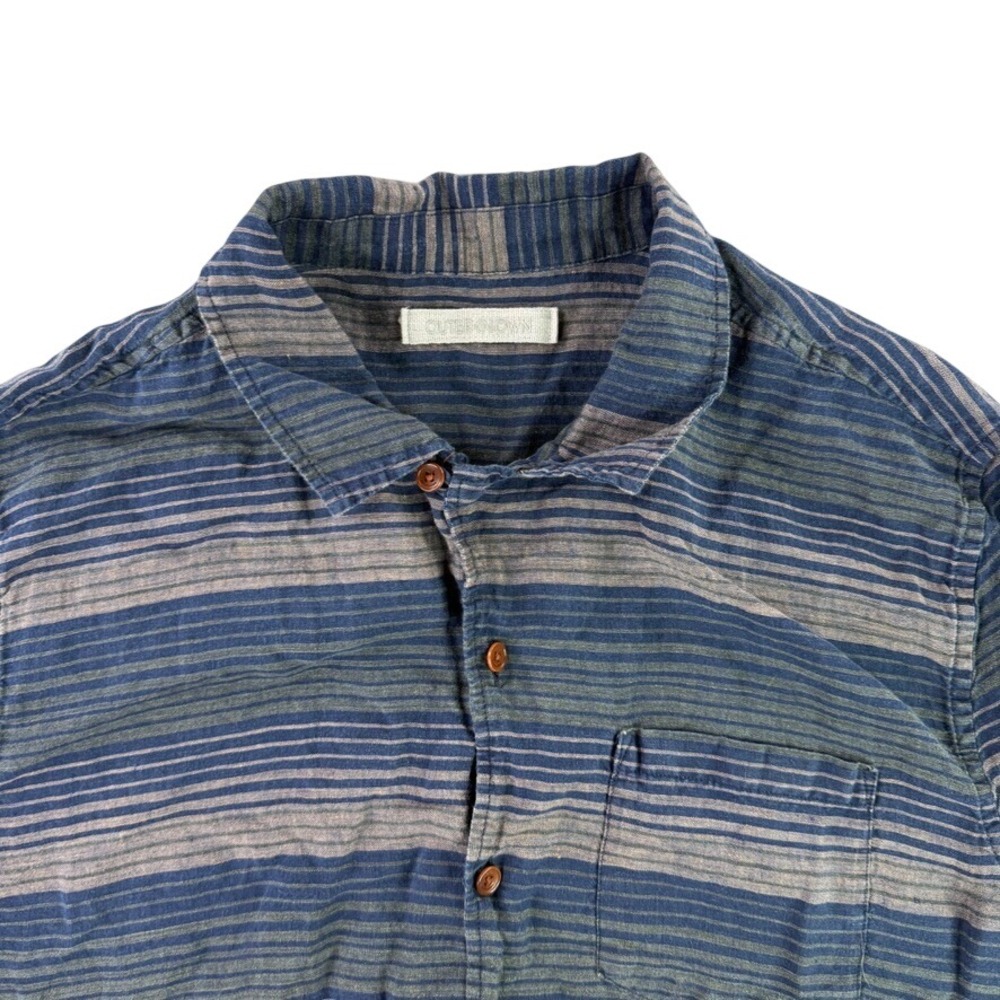 Outerknown Shirt Mens Medium Blue Striped 100% Linen Short Sleeve Surf Button Up